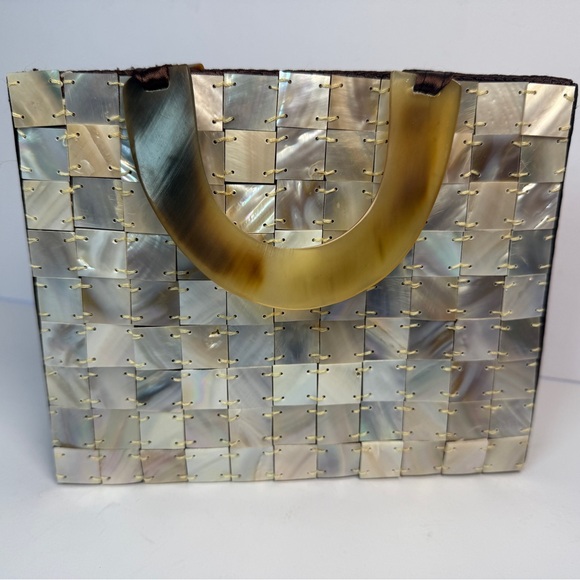 Mother Of Pearl VTG Tile Lucite Handle Top Handle Handbag Purse Small Tote - Picture 3 of 9
